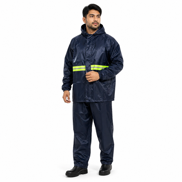 PVC Waterproof Rainwear Set | Rain Jacket + Pant + Attached Hood Cap | Reflective Rain Suit