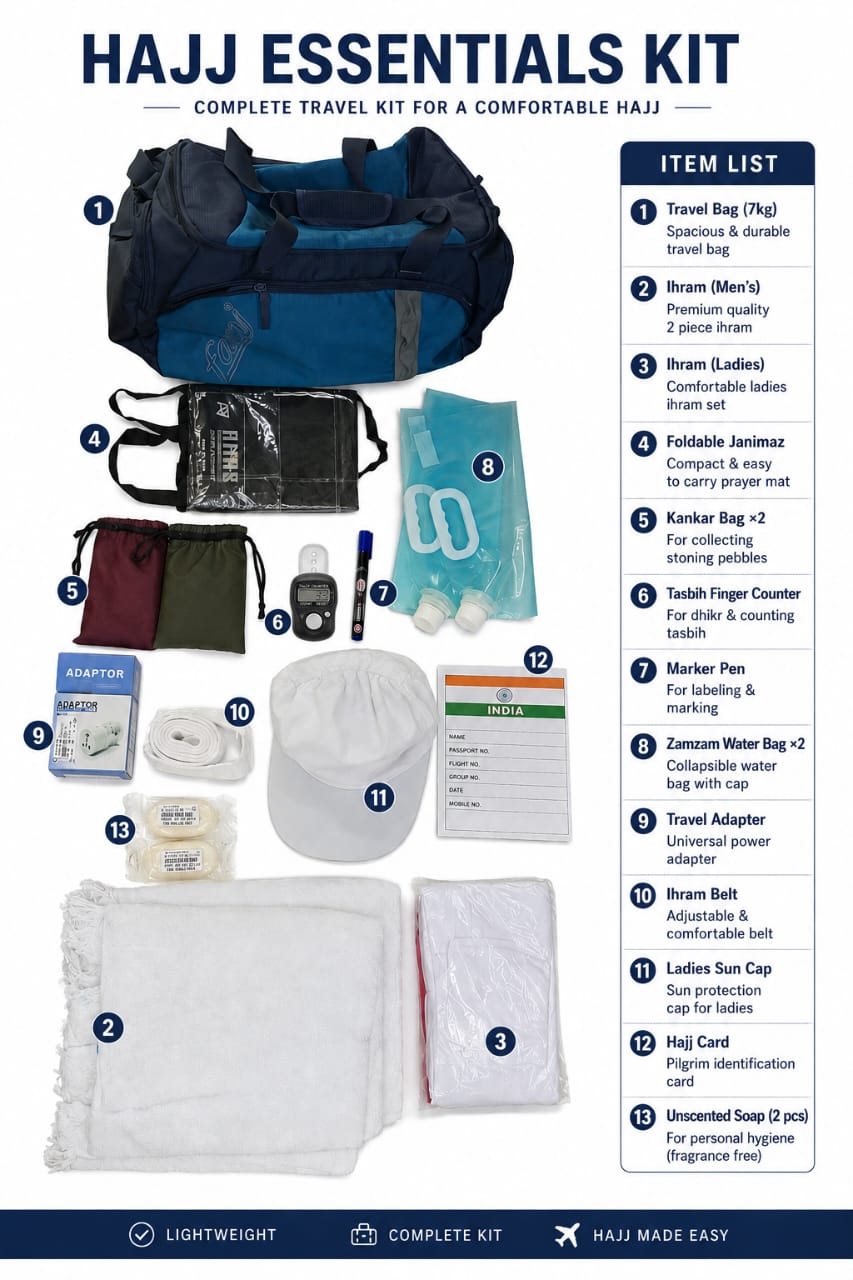 HAJJ KIT COMBO ALL 13 ESSENTIALS PRODUCTS WITH LUGGAGE BAG
