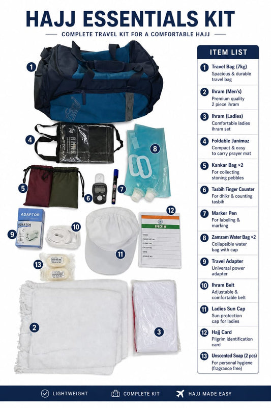 HAJJ KIT COMBO ALL 13 ESSENTIALS PRODUCTS WITH LUGGAGE BAG